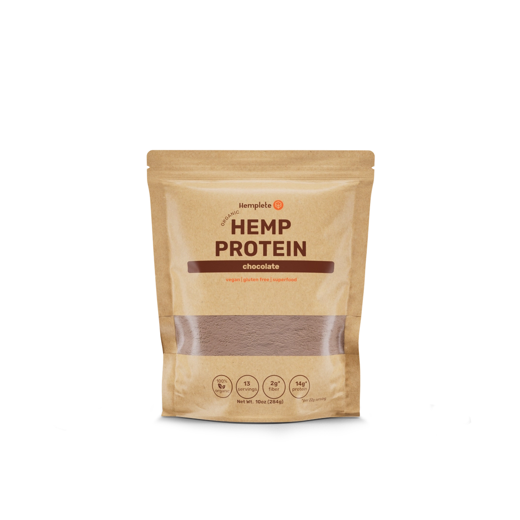 Organic Chocolate Hemp Protein Superfood Powder in resealable packaging